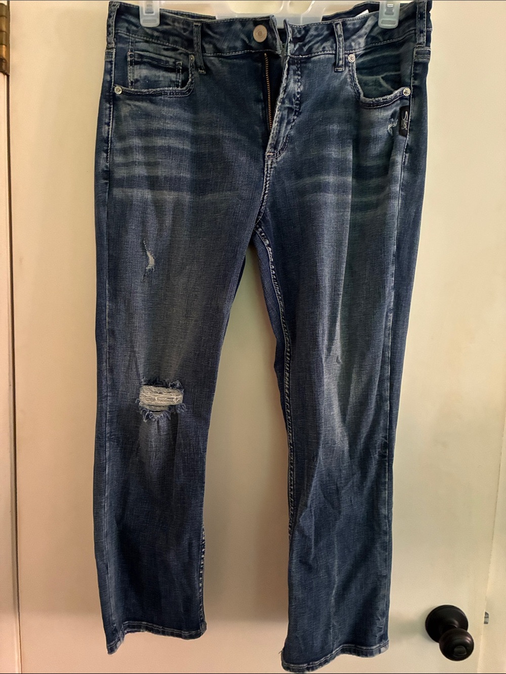 Dark Wash Distressed Straight-Leg Jeans